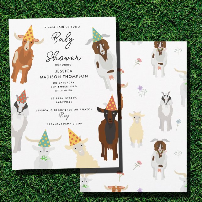 Convite Festa de Animais da Fazenda de Cabras Fofas Chás d (Cute Goats Farm Party Animals Goat Baby Shower Invitation)