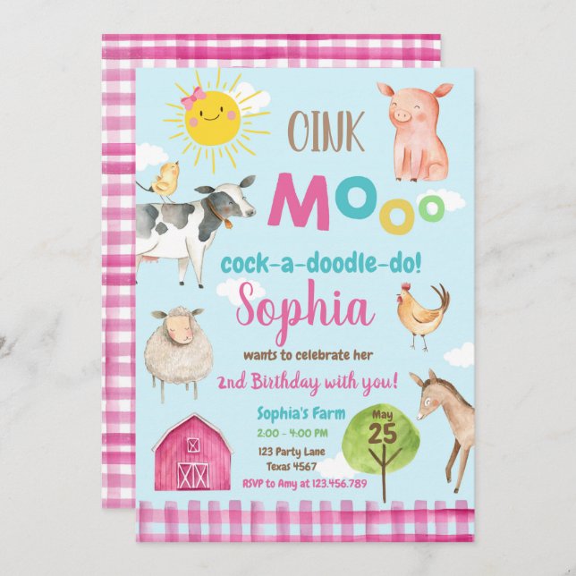 Convite Festa de Animais Rosa Pintos do velho MacDonald Ba (Frente/Verso)