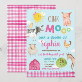 Convite Festa de Animais Rosa Pintos do velho MacDonald Ba