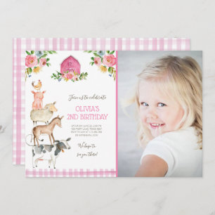 Convite Festa de Animais Rosa Pintos do velho MacDonald Ba