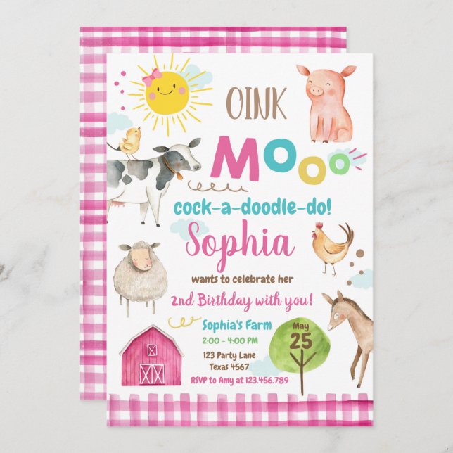 Convite Festa de Animais Rosa Pintos do velho MacDonald Ba (Frente/Verso)