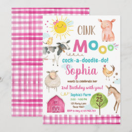 Convite Festa de Animais Rosa Pintos do velho MacDonald Ba
