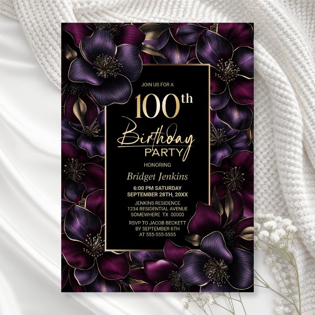Convite Festa de aniversário 100ª Floral Púrpura e Rosa (Criador carregado)
