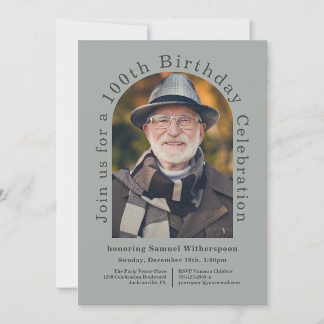 Convite Festa de aniversário 100ª simples com 1 Foto (Frente)