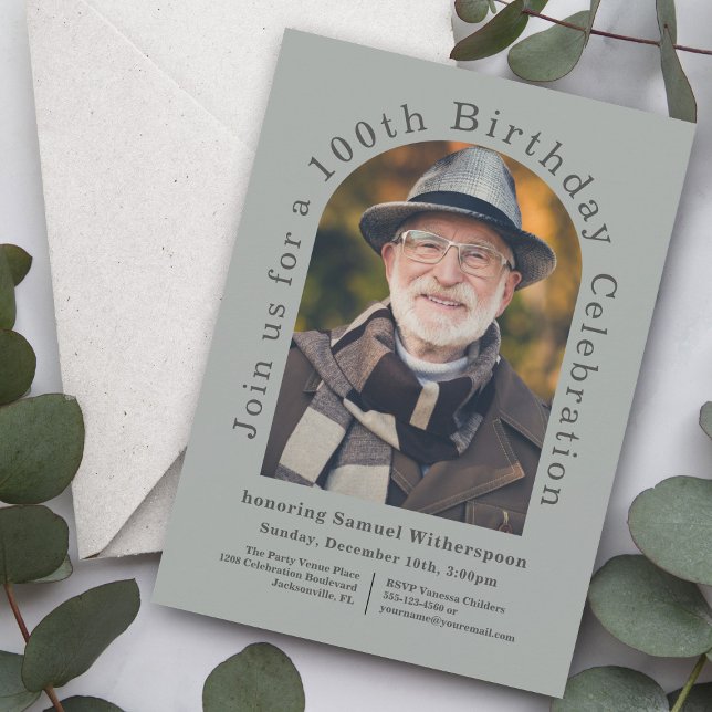 Convite Festa de aniversário 100ª simples com 2 fotos (Personalize this attractive 100th birthday invitation with 2 photos of the guest of honor.)