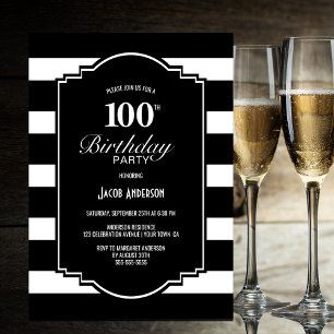 Convite Festa de aniversário 100 com risca branca e preta