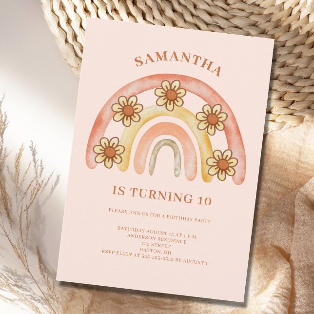 Convite Festa de aniversário 10 do Arco-íris de Boho Retro (Criador carregado)
