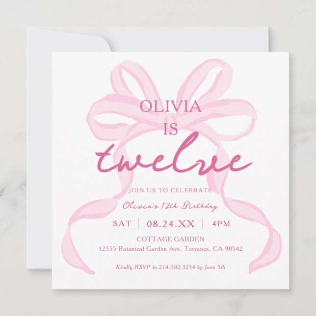 Convite Festa de aniversário 12 Rosa Arco Girly Coquette S (Frente)