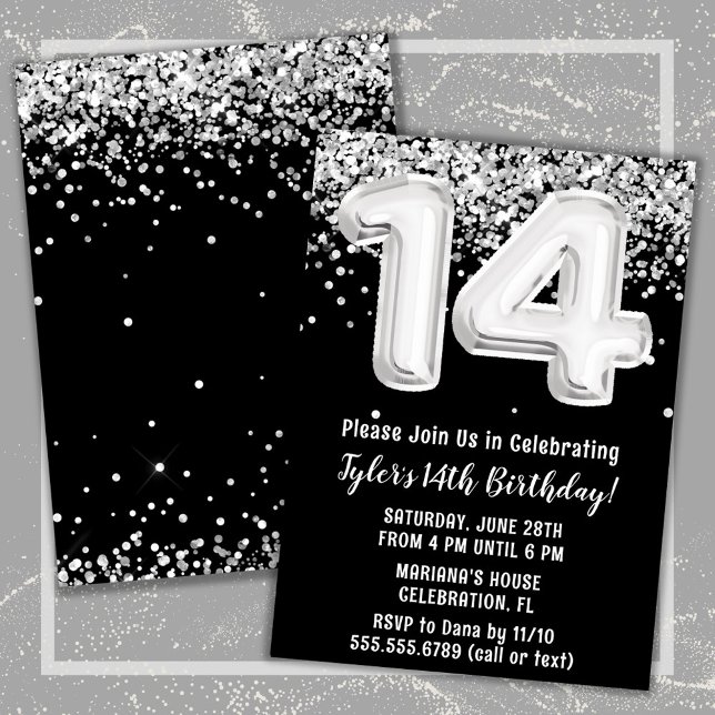 Convite Festa de aniversário 14 de Prata Branca Preta (Black and White 14th Birthday Party Invitation)