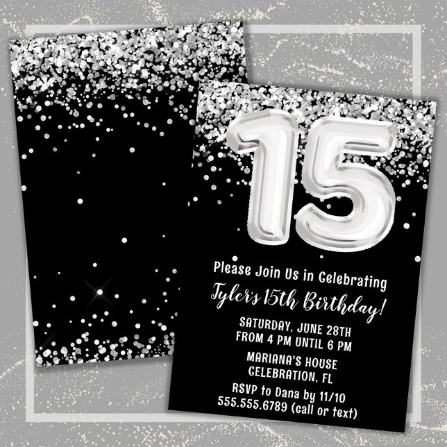 Convite Festa de aniversário 15 de Prata Branca Preta (Black and White 15th Birthday Party Invitation)