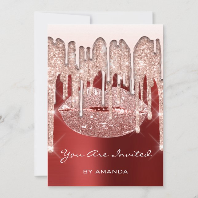 Convite Festa de Aniversário 16º Beijo Lábios Rosa Brilho  (Frente)