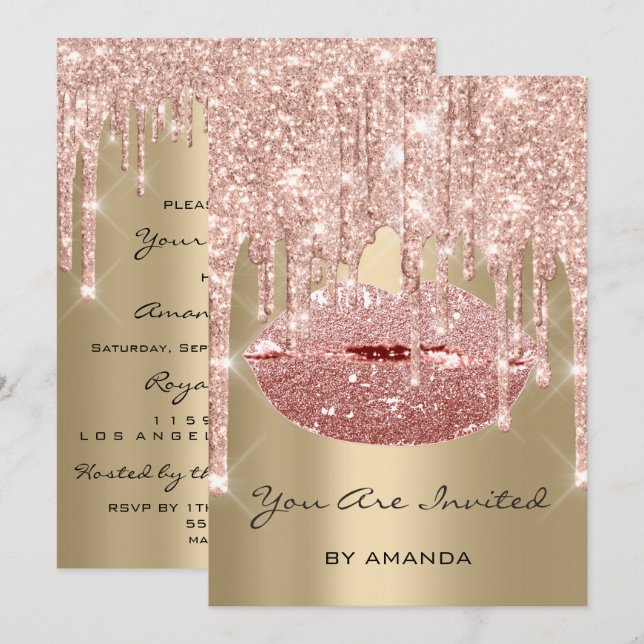 Convite Festa de aniversário 16º Lábios de Beijo Rosa Sépi (Frente/Verso)