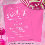 Convite Festa de aniversário 16 Hot Pink do Script Moderno<br><div class="desc">Festa de aniversário 16 Hot Pink do Script Moderno Imprimível ou Impressa. Estilo tipográfico minimalista para a 16ª festa de aniversário, com um roteiro informal definido para o Sweet 16 e o resto do texto que você pode personalizar facilmente. As cores do texto e do plano de fundo podem ser...</div>