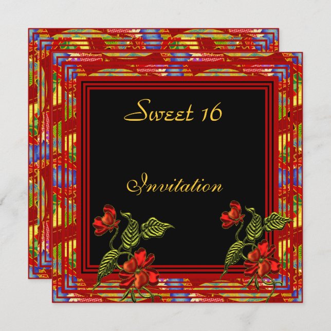 Convite Festa de aniversário 16 Red Black Floral Sweet asi (Frente/Verso)
