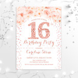 Convite festa de aniversário 16 - Rosa branca Dourada<br><div class="desc">16º convite de aniversário para a menina. Design floral elegante em ouro brilhante rosa e branco. Apresenta o número de diamante,  rosas cor-de-rosa pinceladas e confete. Perfeito para uma doce festa de 16 dias.</div>