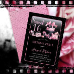 Convite Festa de aniversário 16 Suave de Moda Preta Glam<br><div class="desc">Design de 16 anos,  cor-de-rosa e preto,  inspirado na sutura francesa,  apresentando um bolo de chapéu,  estilettos cor-de-rosa e um saco de maquilhagem entre vários presentes de aniversário e cupcakes lúcidos. Perfeito para comemorar ocasiões de aniversário. A idade é criada em uma fonte ineditável cor-de-rosa-claro.</div>
