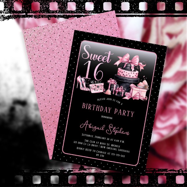 Convite Festa de aniversário 16 Suave de Moda Preta Glam (Glam Pink and Black French Couture Fashion Sweet 16 Birthday Party Invitation)