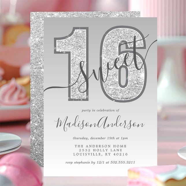 Convite Festa de aniversário 16 Suave de Script Glitter Si (Criador carregado)