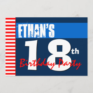 Convite festa de aniversário 18º Azul branco vermelho mode
