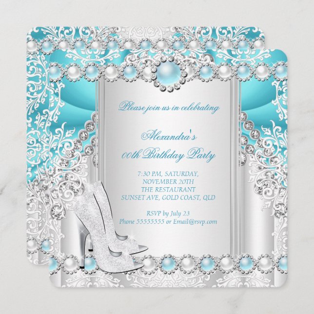 Convite Festa de aniversário 2 de Pérolas Altas de Prata T (Frente/Verso)