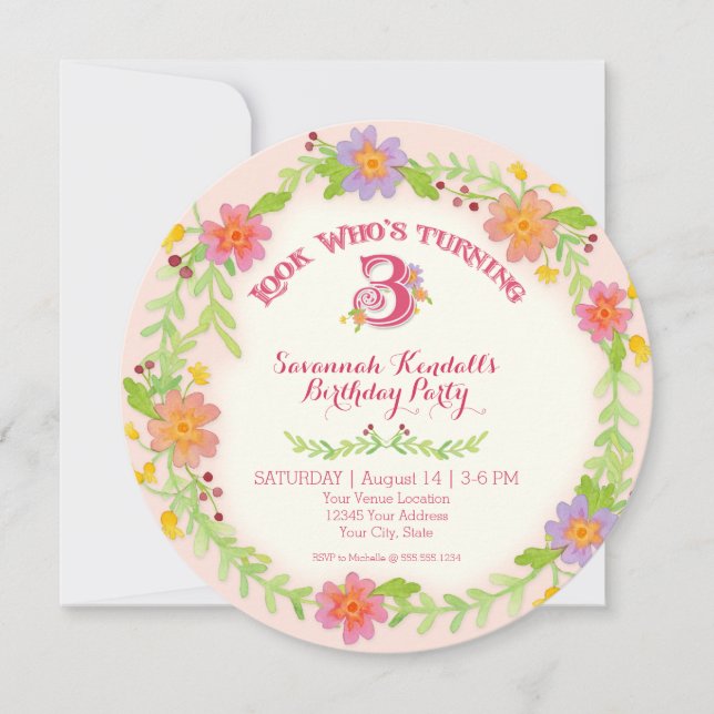 Convite Festa de aniversário 3 anos de menina idosa, (Frente)