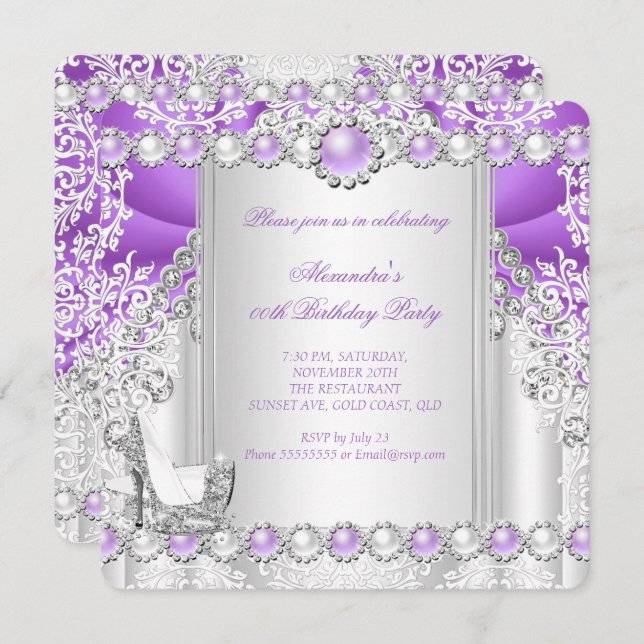 Convite Festa de aniversário 3 de Pérolas Roxas de Altos C (Frente/Verso)