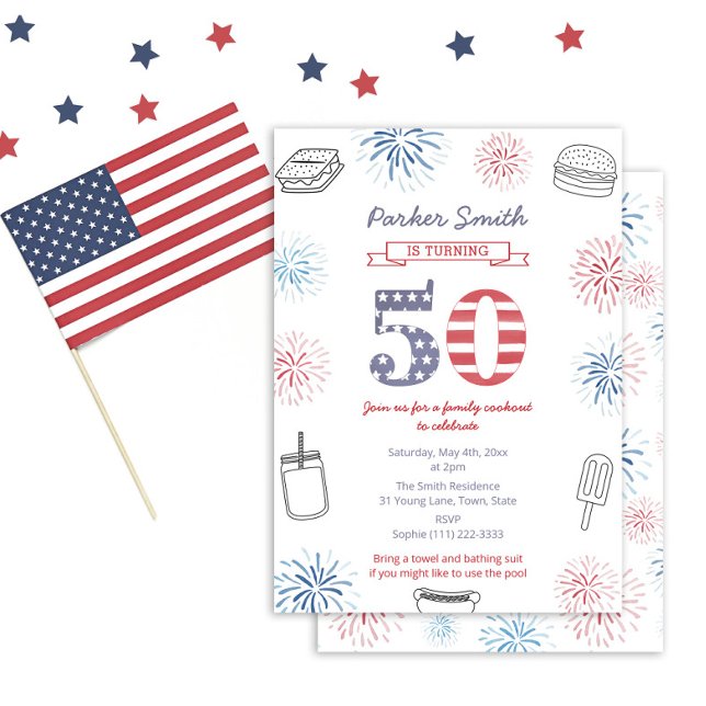 Convite Festa de aniversário 50ª Colagem Vermelha e Azul (Patriotic Red White And Blue Fireworks 50th Birthday Party Invitation For Holiday Weekend)