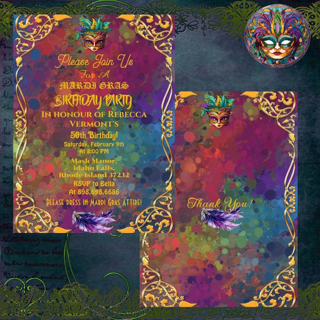 Convite Festa de aniversário 50ª do Dourado Mardi Gras (Gold Mardi Gras Masquerade 50th Birthday Party Invitation)