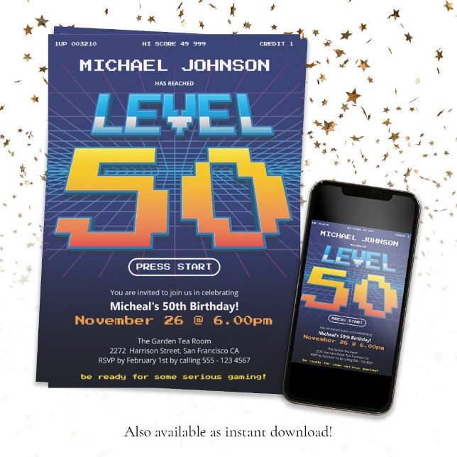 Convite Festa de aniversário 50ª engraçada dos anos 80 (Fun 50th Birthday Retro 80s Game Screen Custom Invitation)