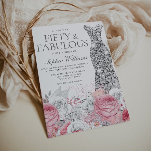 Convite Festa de aniversário 50ª Prata e Rosa Esbranquiçad (Criador carregado)