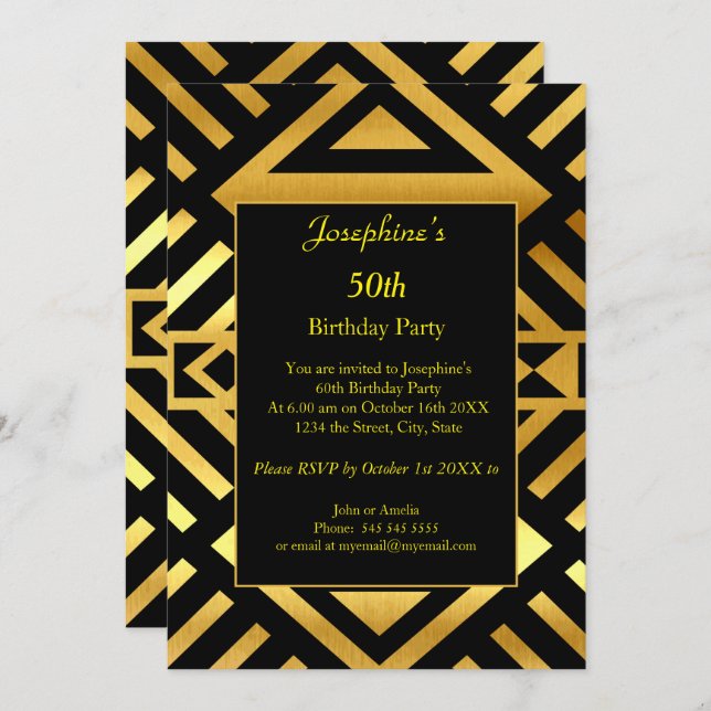 Convite Festa de aniversário 50ª Preta Dourada Geométrica (Frente/Verso)