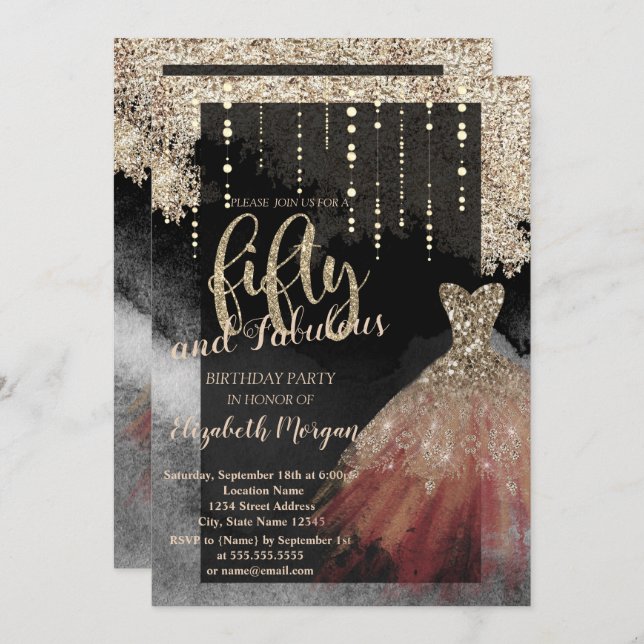 Convite Festa de aniversário 50ª Vestido Chic Elegante (Frente/Verso)