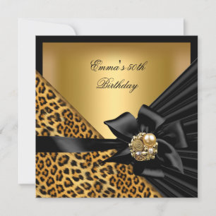 Convite Festa de Aniversário 50º Leopard Gold Preto Laço