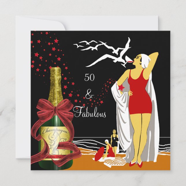 Convite festa de aniversário 50.a Retro Diva Art deco Red  (Frente)