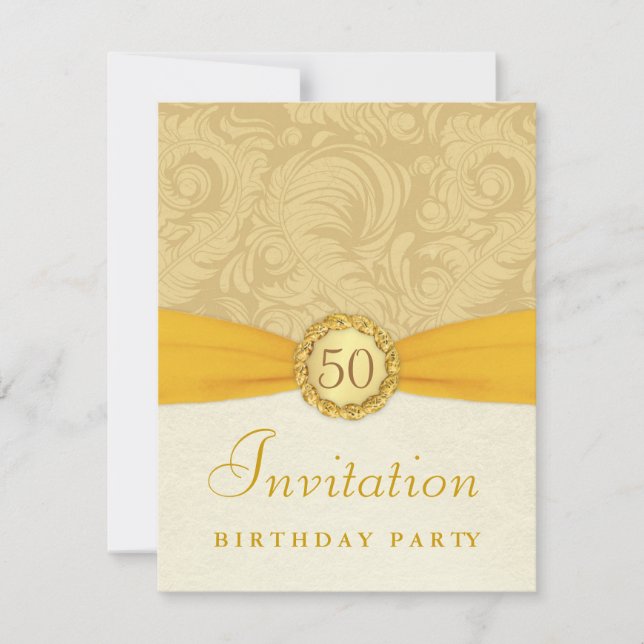Convite Festa de aniversário 50 - Damask Dourado com Monog (Frente)