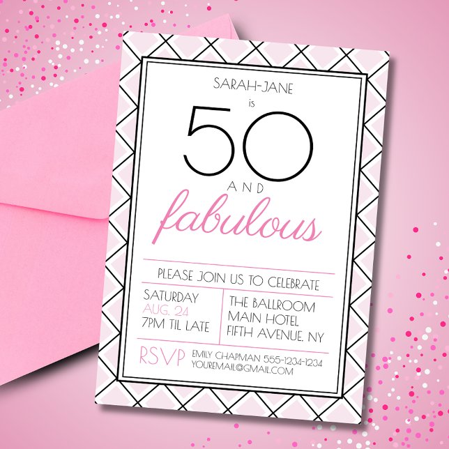 Convite festa de aniversário 50 e fabuloso (50 and fabulous birthday invitation with art deco style checkered background.)