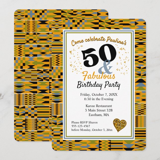 Convite festa de aniversário 50 e Ouro fabuloso Kente (Frente/Verso)