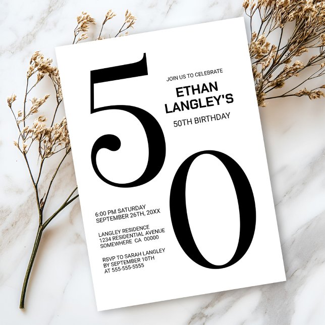 Convite Festa de aniversário 50 preto e branco moderno (Criador carregado)