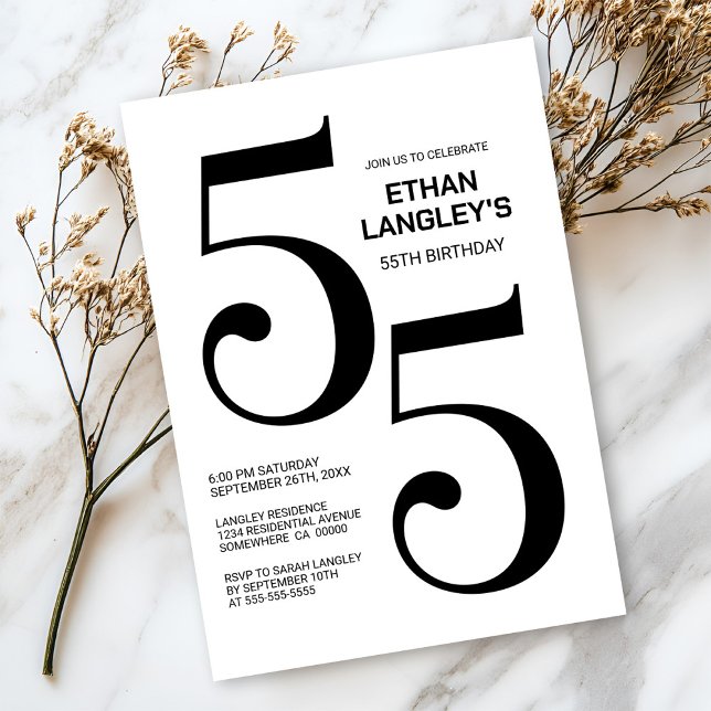 Convite Festa de aniversário 55 preto e branco moderno (Criador carregado)