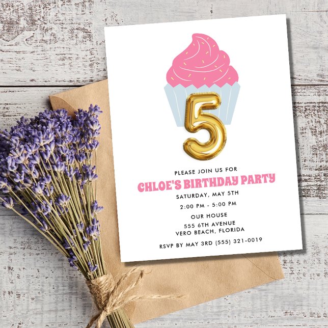 Convite Festa de aniversário 5 Cupcake (Girl Cupcake 5th Birthday Party Invitation)