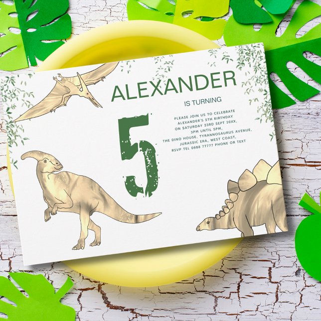 Convite Festa de aniversário 5 da selva de dinossauro (Dinosaur jungle 5th birthday party invitation pterodactyl stegosaurus and parasaurolophus)