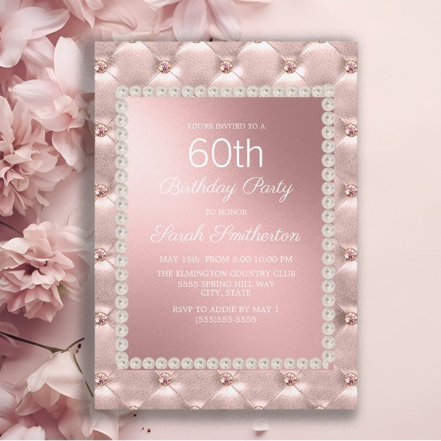 Convite Festa de aniversário 60ª branca rosada elegante (Elegant pink tufted women's 60th birthday party invitation)