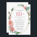 Convite Festa de aniversário 60ª Floral rosa<br><div class="desc">Um rosa pastel macio cria um belo design floral neste elegante convite de 60 anos. As rosas vermelhas estão aninhadas em folhas verdes profundas. As rosas e folhas decoram uma moldura de ouro com vários fios. O 60º está escrito em um grande texto vermelho. O resto do texto é cinza...</div>