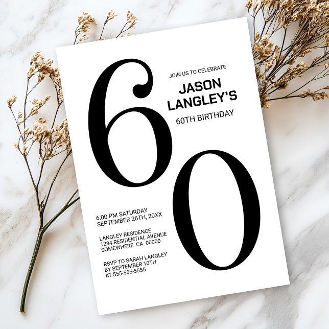 Convite Festa de aniversário 60ª preto e branco moderno (Criador carregado)