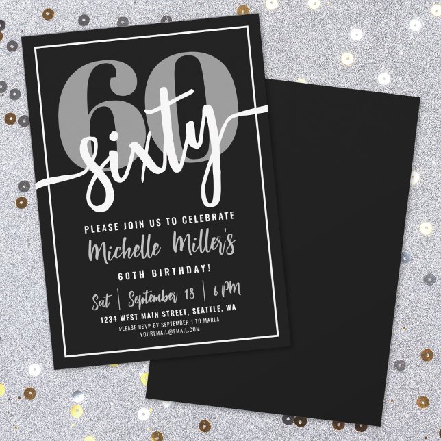 Convite Festa de aniversário 60º preto moderno (Modern Black 60th Birthday Party Invitation)