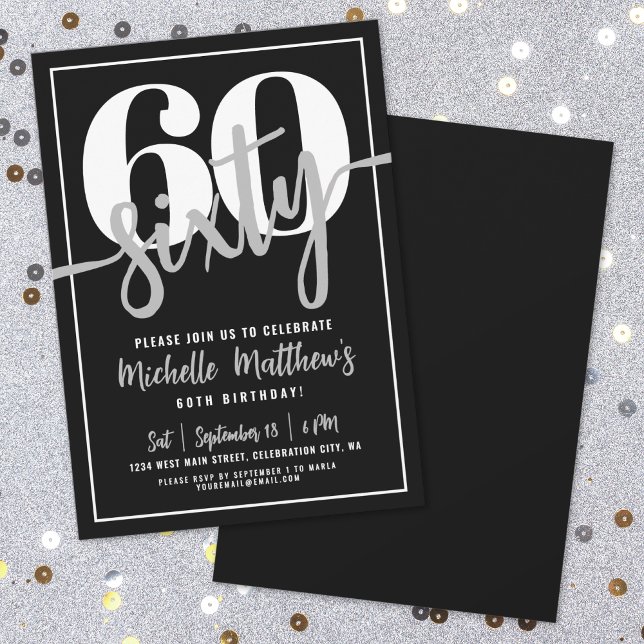 Convite Festa de aniversário 60º preto moderno (Modern Black 60th Birthday Party Invitation )