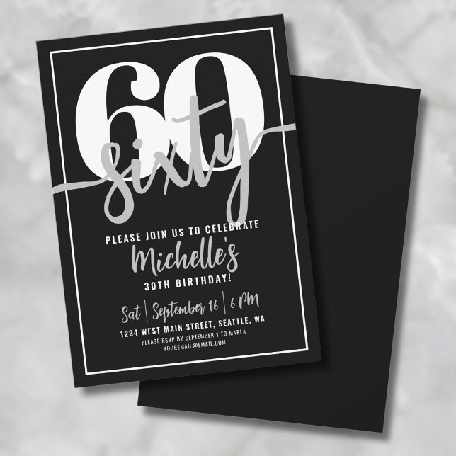 Convite Festa de aniversário 60º preto moderno (Modern Black 60th Birthday Party Invitation)