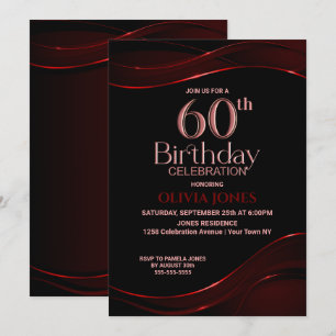 Convite Festa de aniversário 60º Vermelho Preto Moderno