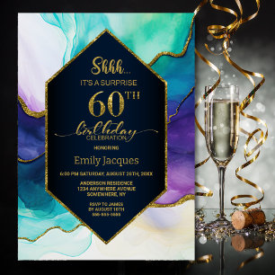 Convite Festa de aniversário 60 da Agate Dourada Azul Surp