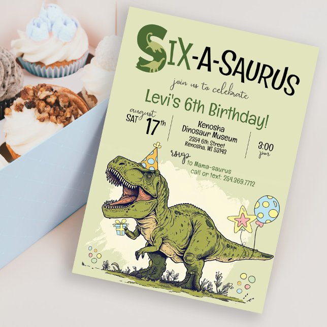Convite Festa de aniversário 6 de 6 A-Saurus do Dinossauro (Cute Cartoon T-Rex Dinosaur wearing birthday hat, Six-A-Saurus sixth 6th birthday party invitation)